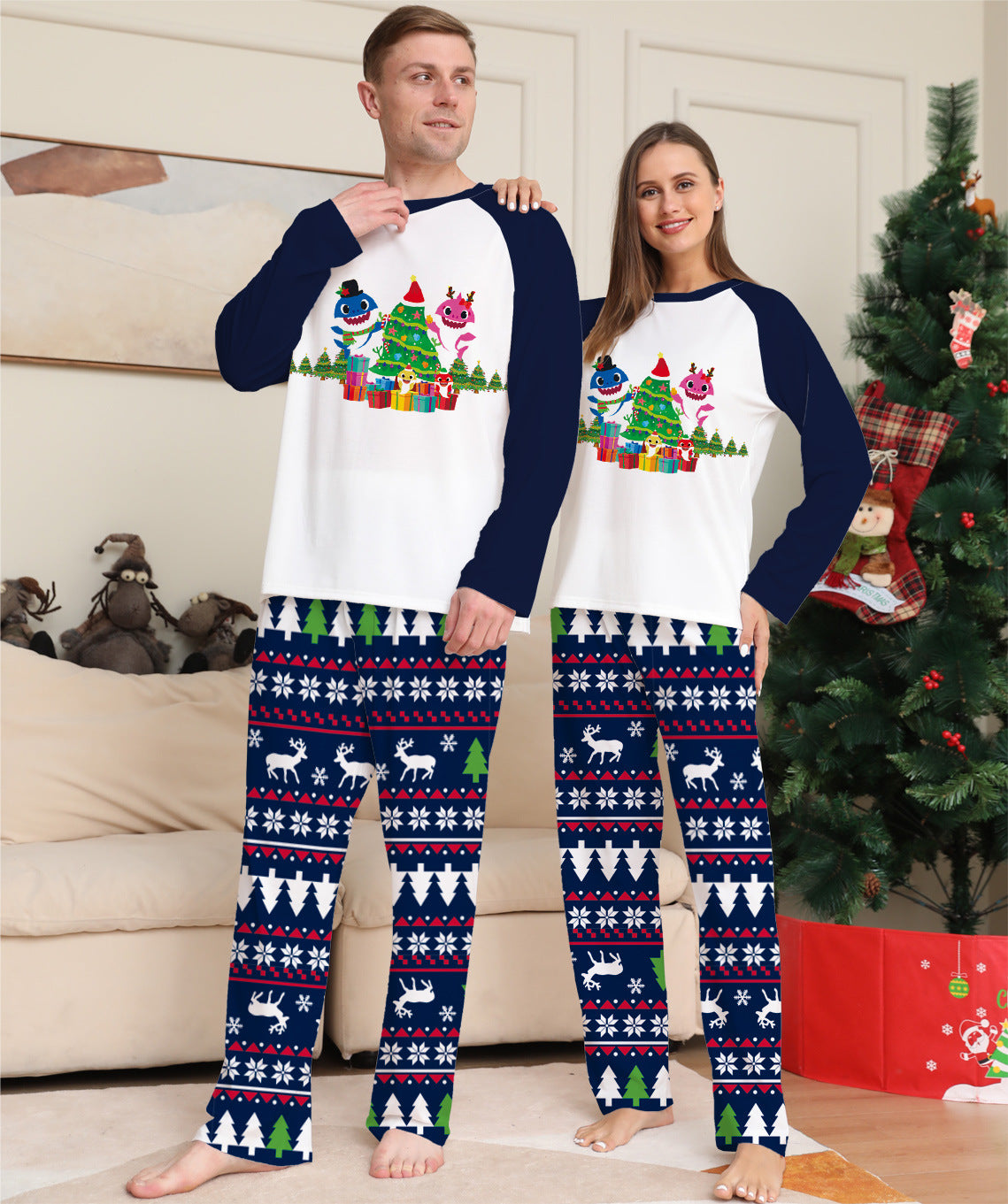 Cartoon Christmas Tree Printed Family Matching Pajamas Set