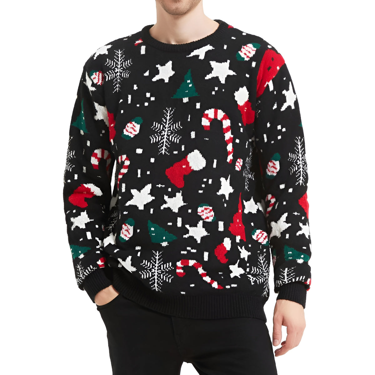 Christmas Reindeer Santa Snowflake Print Knit Sweater For Men