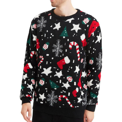 Christmas Reindeer Santa Snowflake Print Knit Sweater For Men