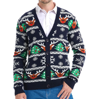 Christmas Reindeer Santa Snowflake Print Knit Sweater For Men