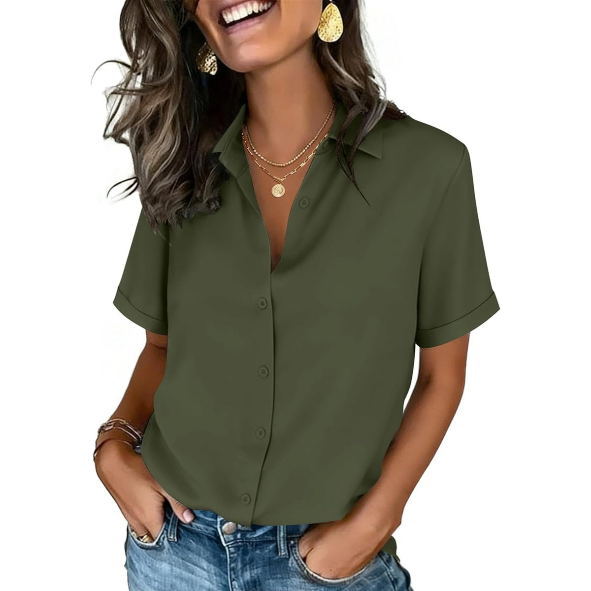 Button Down Shirts For Women Short Sleeve Collared Tops Dressy Casual Blouses