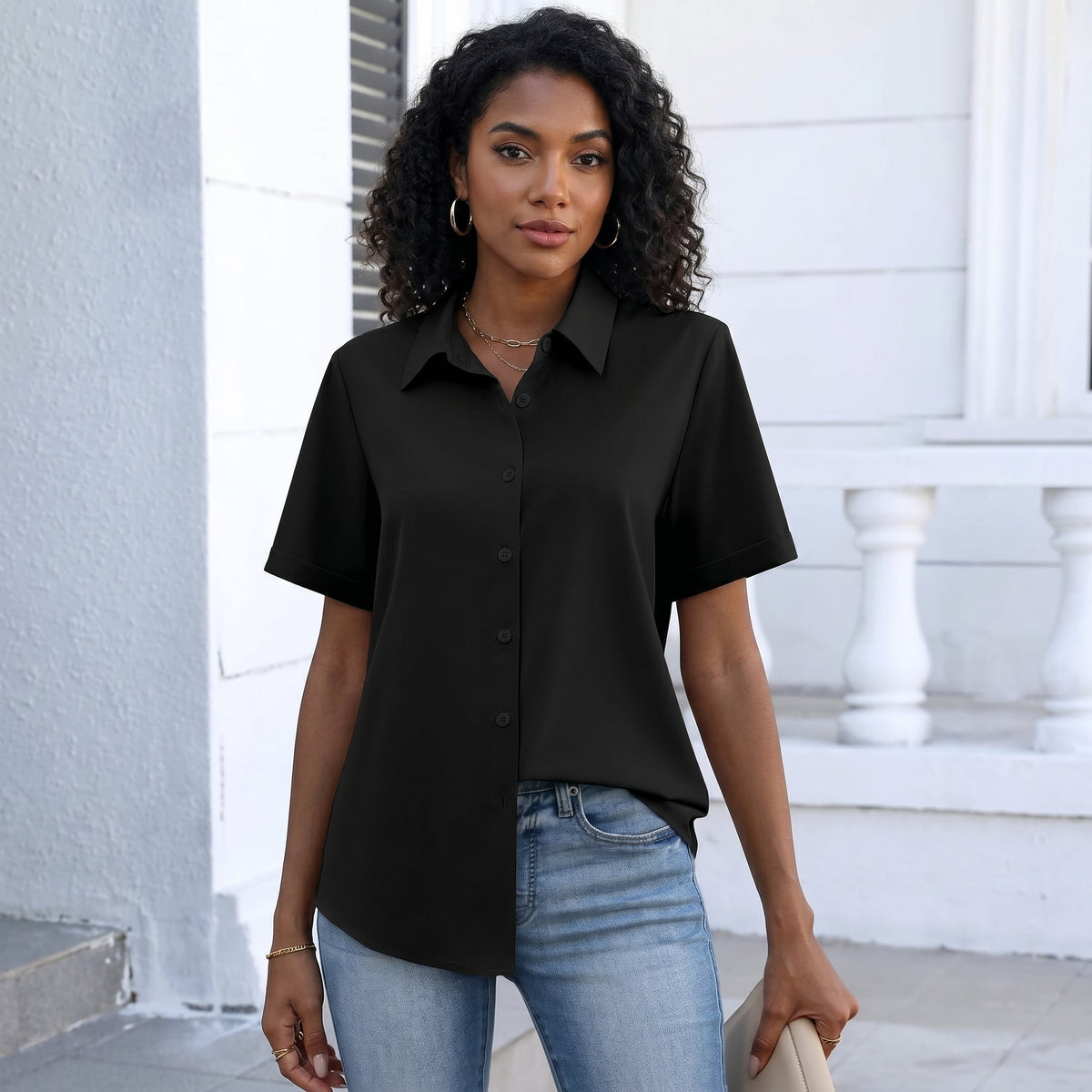 Button Down Shirts For Women Short Sleeve Collared Tops Dressy Casual Blouses