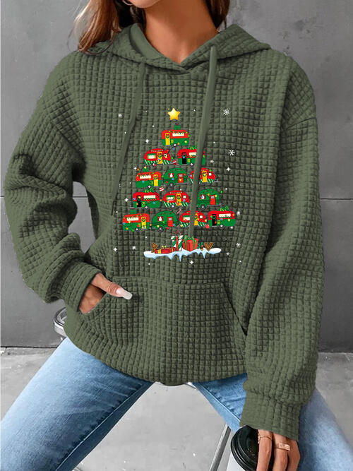 Christmas Tree Knit Drawstring Hoodie with Pocket