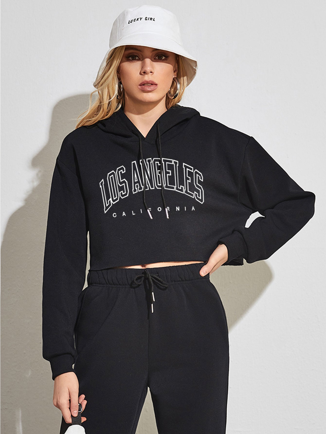 Los Angeles Printed Short Crop Pullover Hoodie