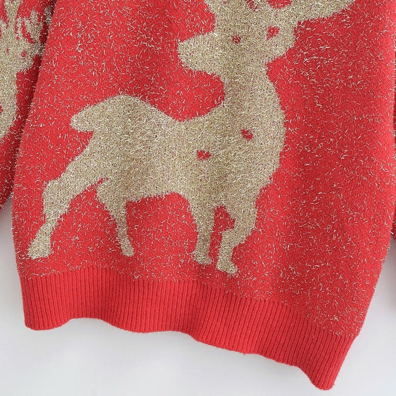 Christmas Bright Silk Giant Reindeer Mink Fur Knitted Sweater