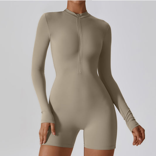 Open Collar Long Sleeve Zipper Rompers