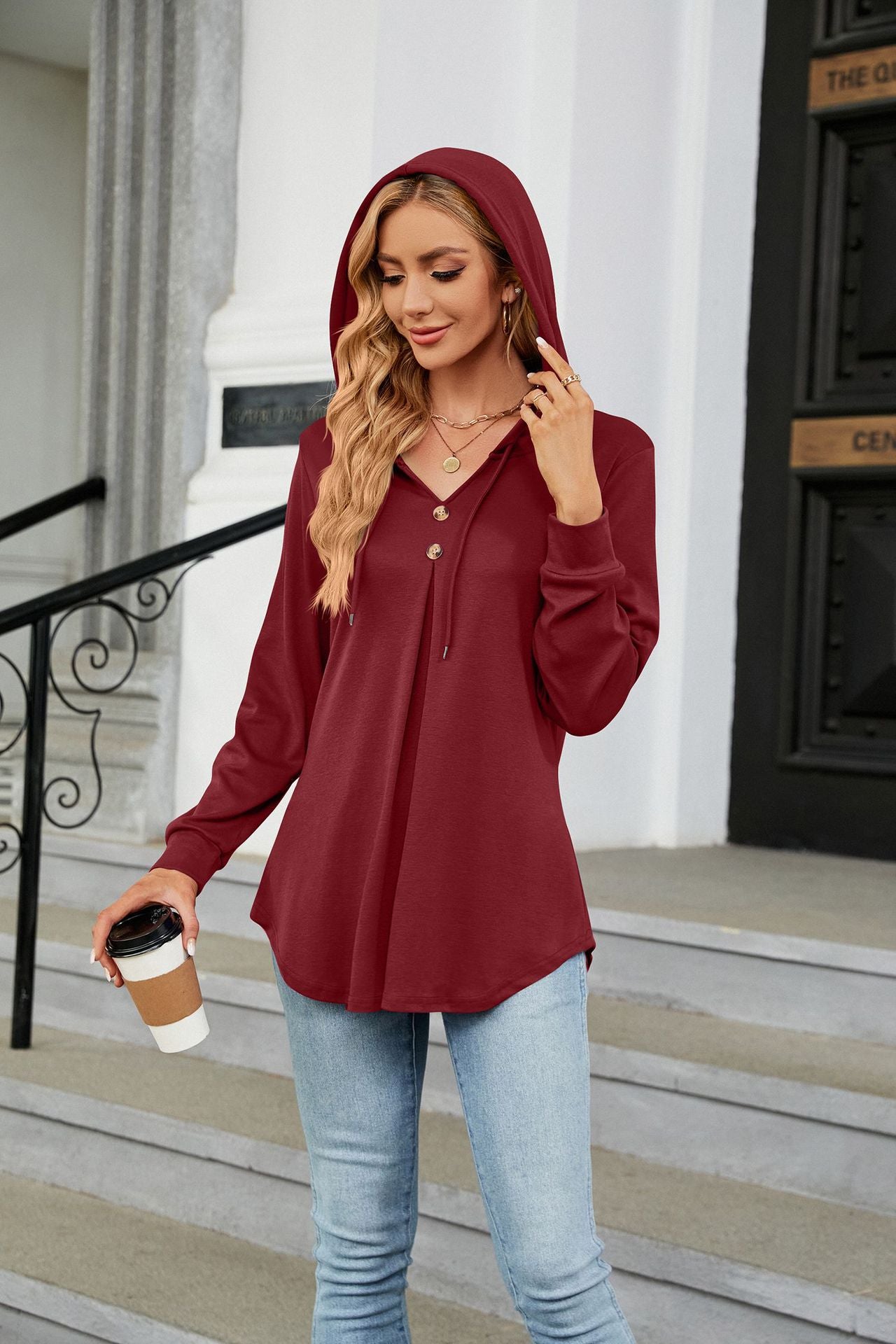 Winter Half Button Accent Loose Sweater Hoodie