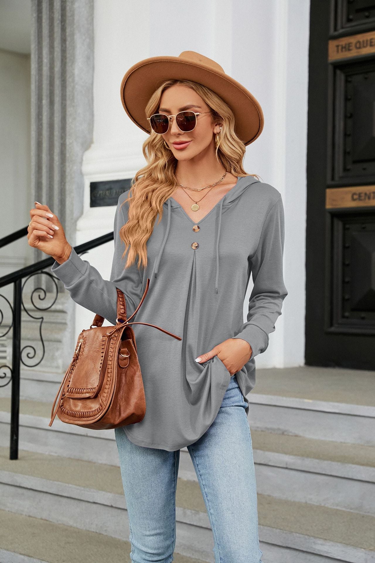 Winter Half Button Accent Loose Sweater Hoodie