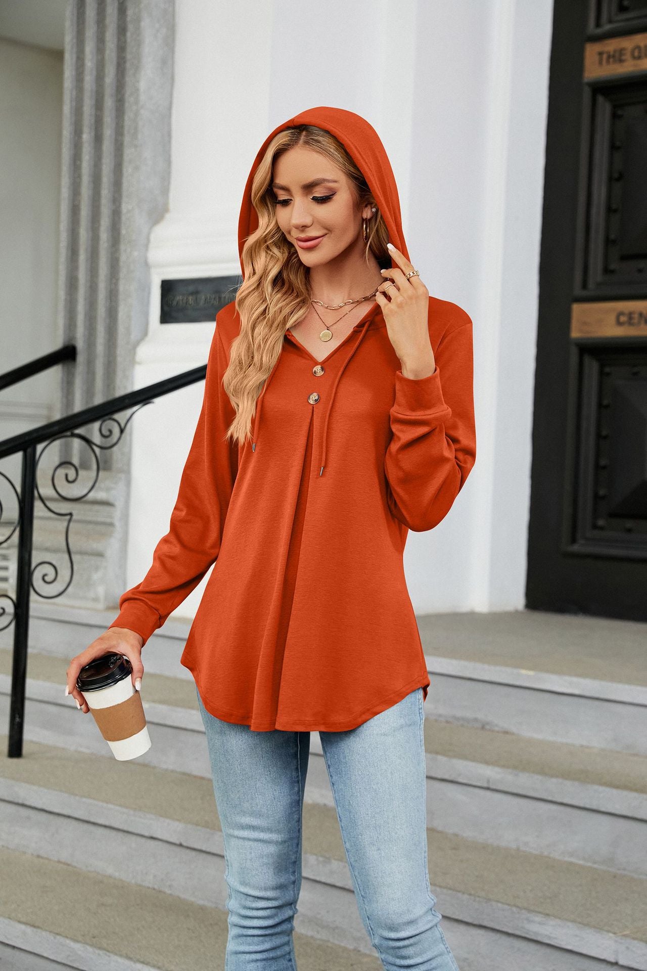 Winter Half Button Accent Loose Sweater Hoodie