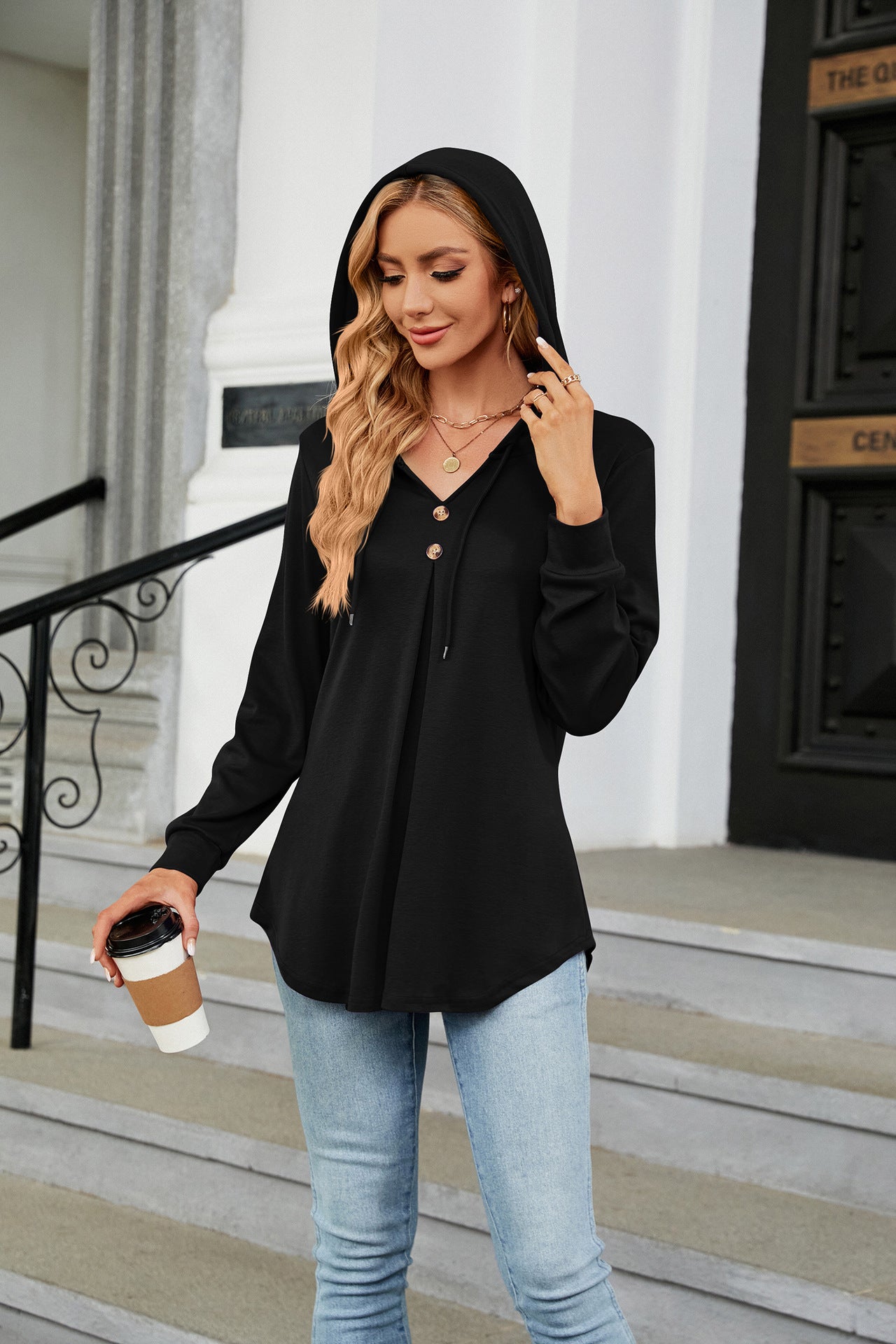 Winter Half Button Accent Loose Sweater Hoodie