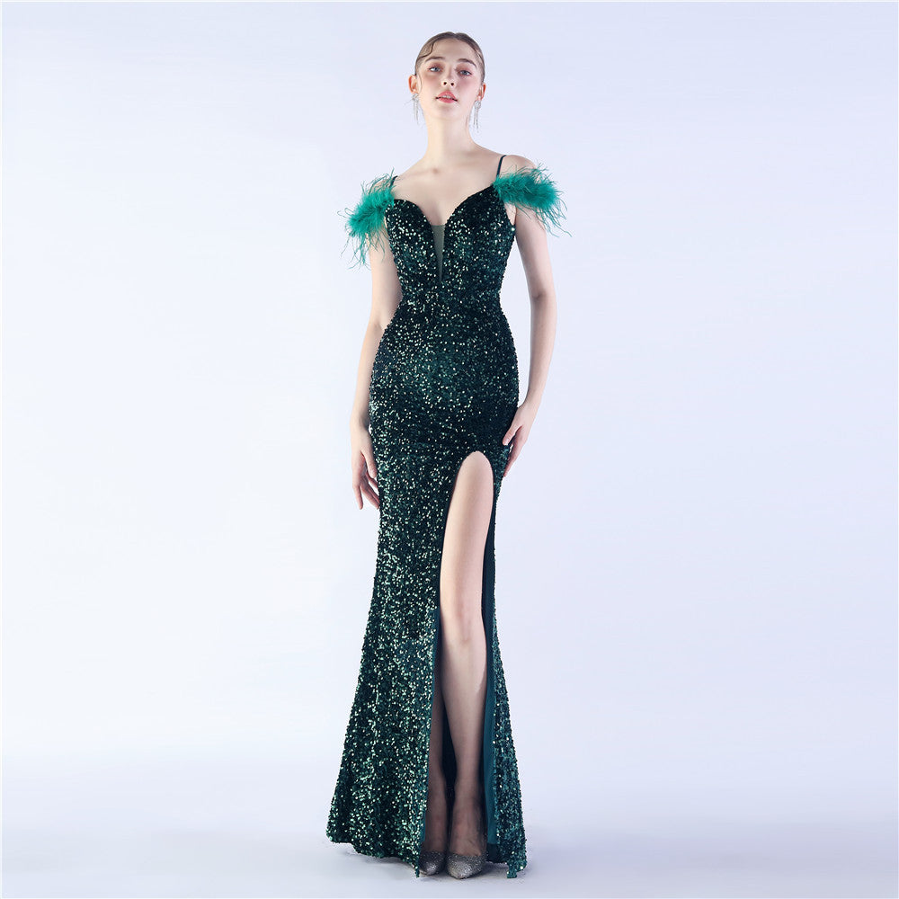 Robe longue à paillettes haute densité en plumes artisanales