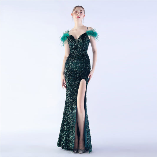 Crafted Feather High Density Sequined Long Dress