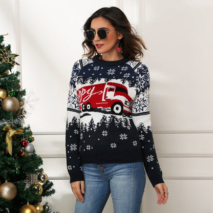 Christmas Happy Truck Snowflake Knitted Pullover Sweater
