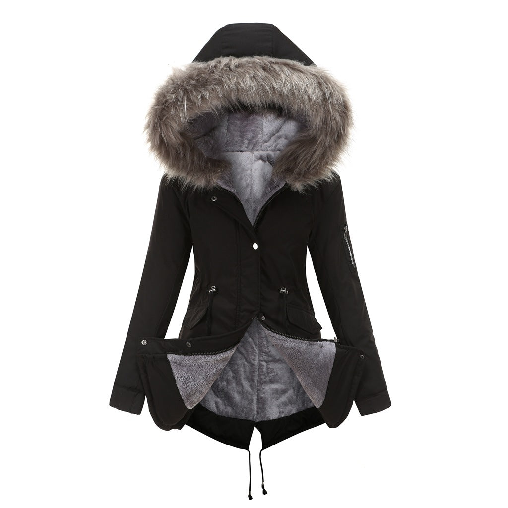 Big Fur Collar Mid Length Hooded Fleece Overcoat Parkas