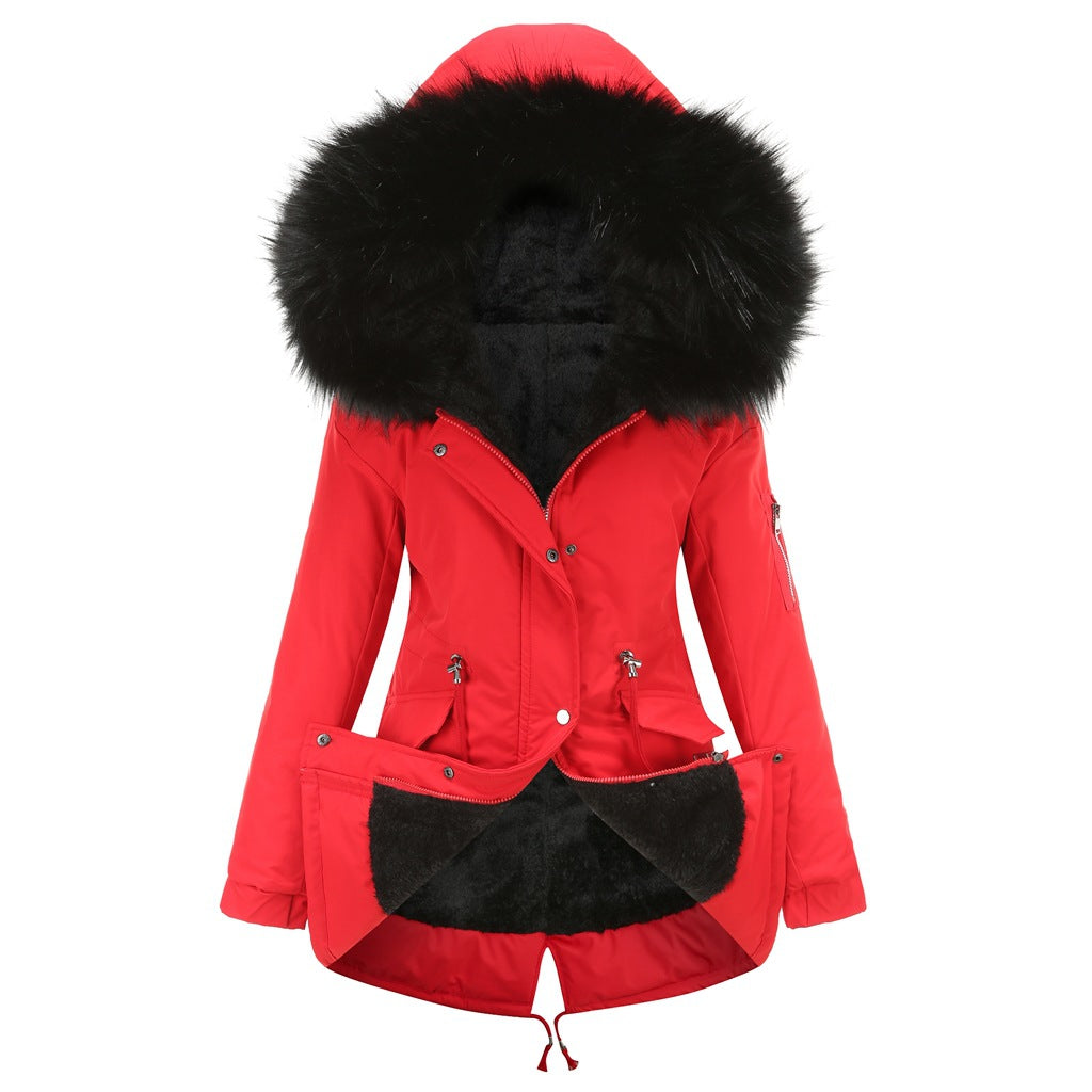 Big Fur Collar Mid Length Hooded Fleece Overcoat Parkas