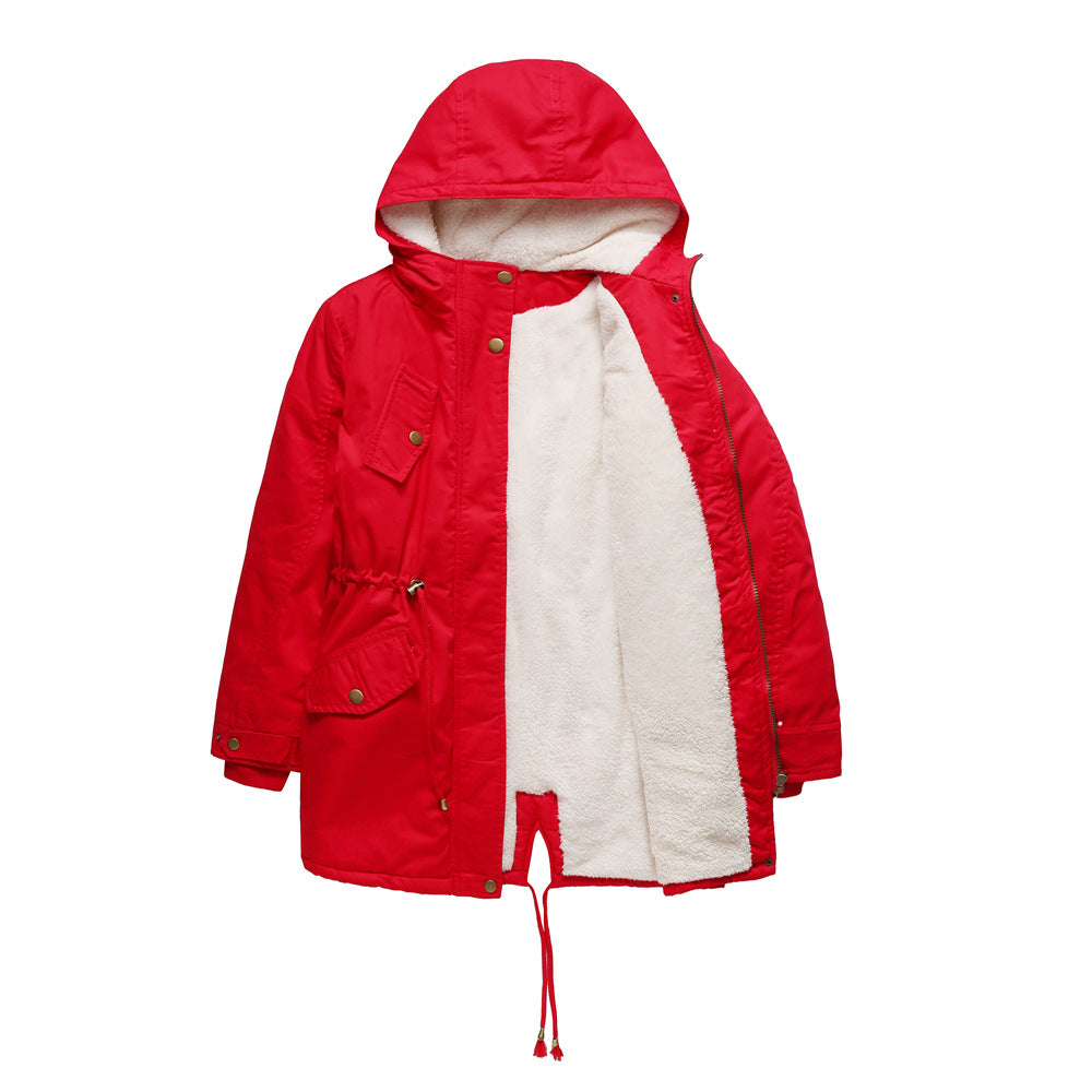 Full Zipper Drawstring Velvet Coat Hooded Parkas