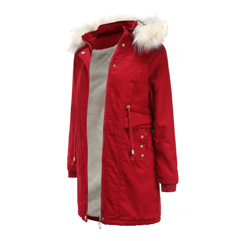 Winter Fleece Fur Collar Mid Length Overcoat Parkas