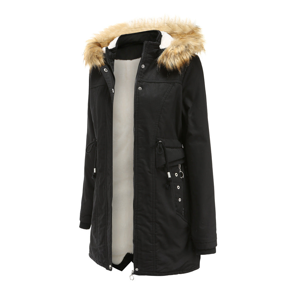 Winter Fleece Fur Collar Mid Length Overcoat Parkas