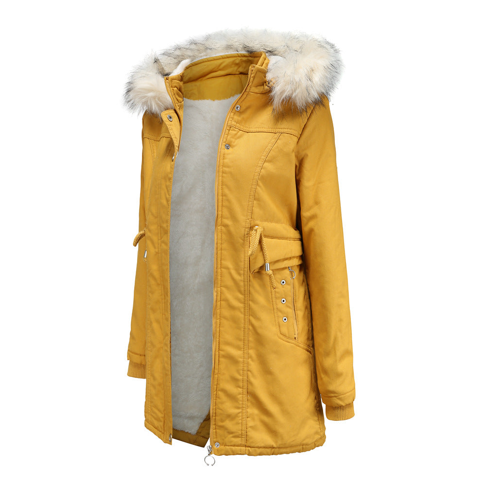 Winter Fleece Fur Collar Mid Length Overcoat Parkas