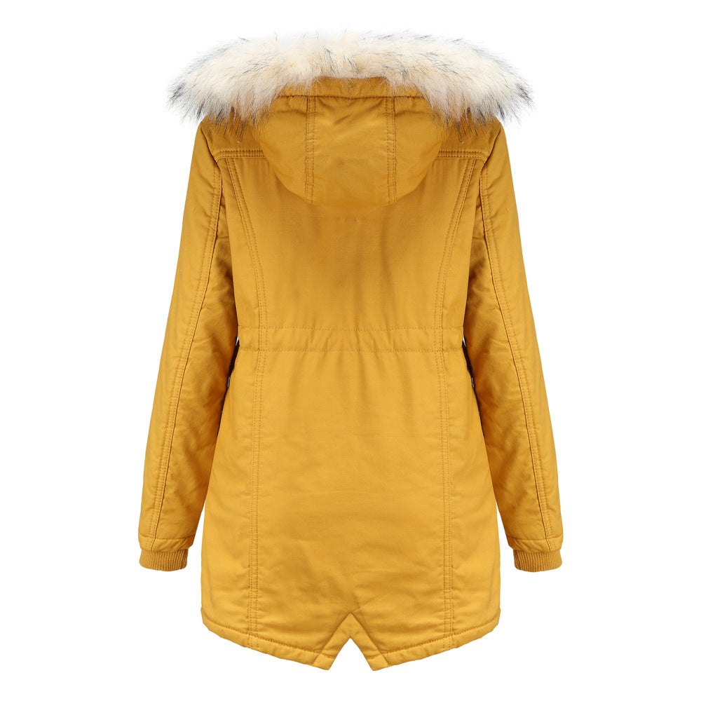 Winter Fleece Fur Collar Mid Length Overcoat Parkas