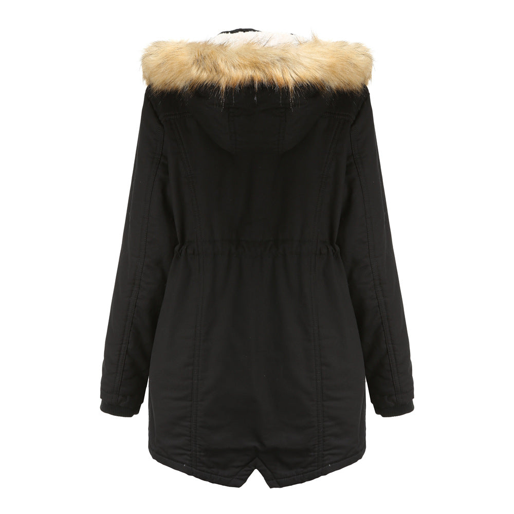 Winter Fleece Fur Collar Mid Length Overcoat Parkas