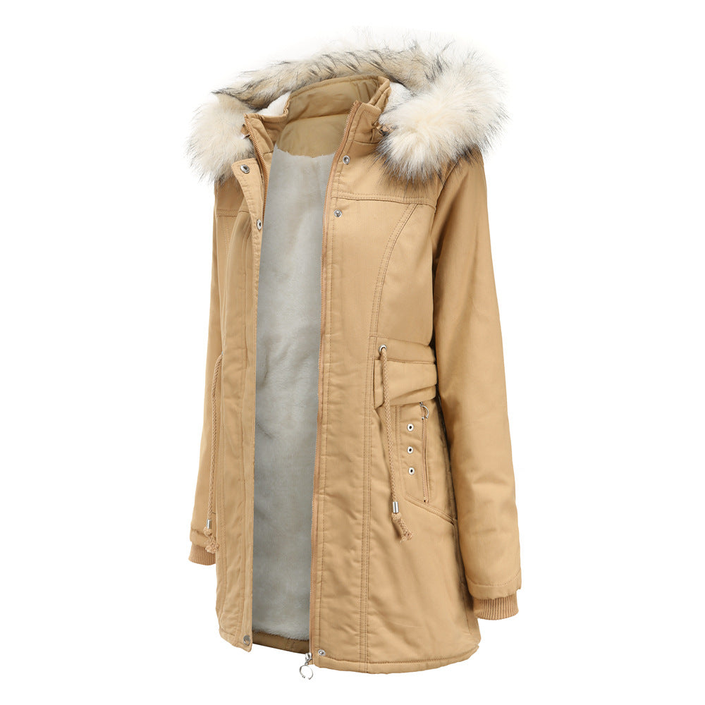 Winter Fleece Fur Collar Mid Length Overcoat Parkas