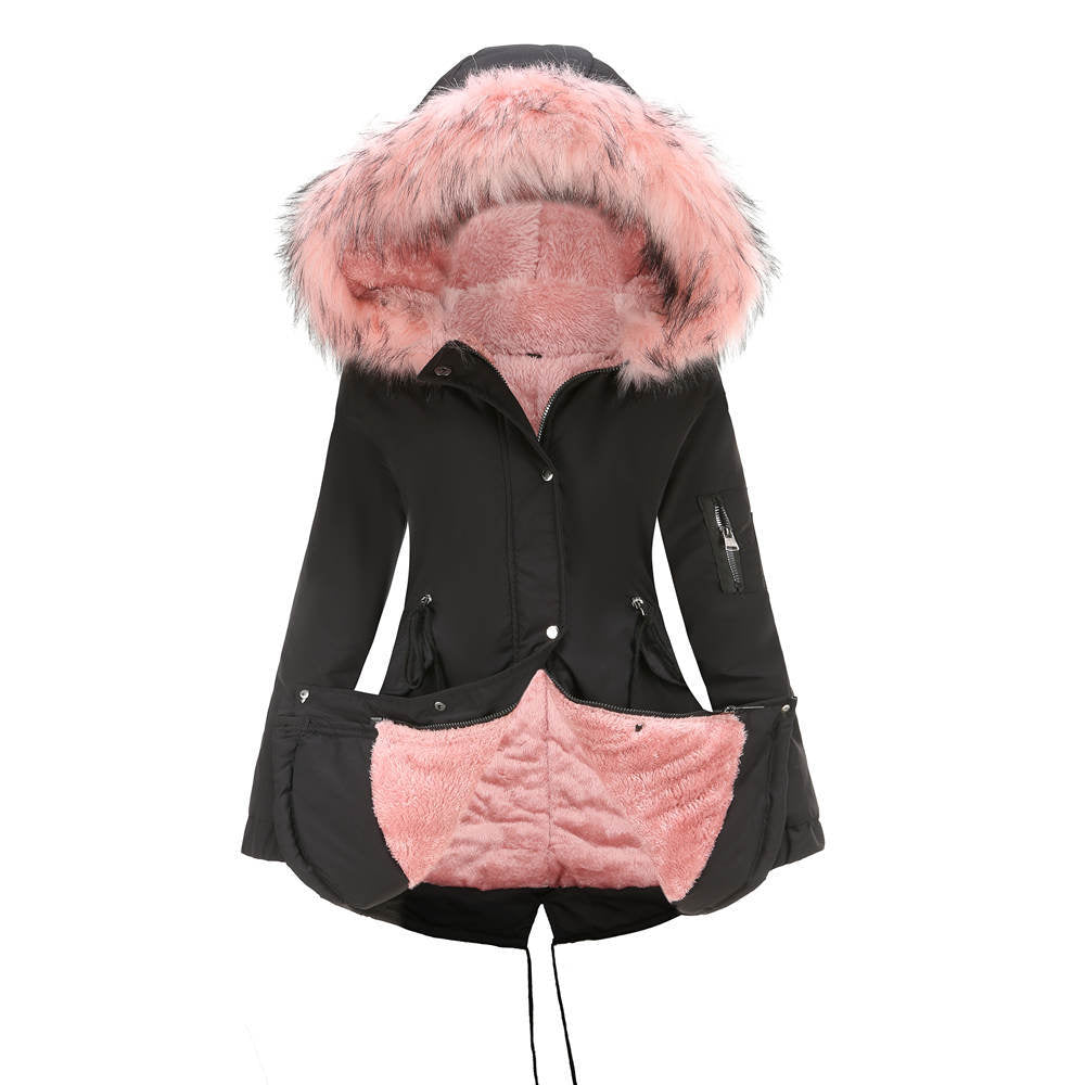 Big Fur Collar Mid Length Hooded Fleece Overcoat Parkas