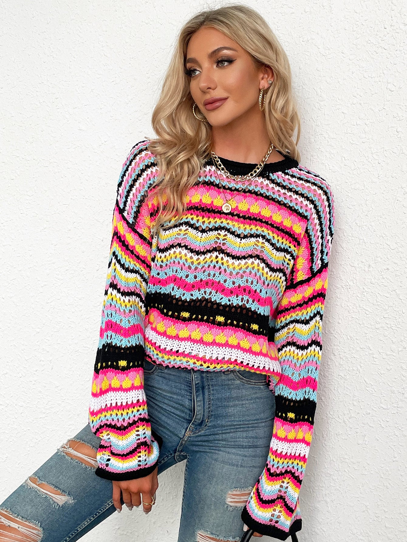 Fashionable Rainbow Striped Hollow Out Knit Sweater