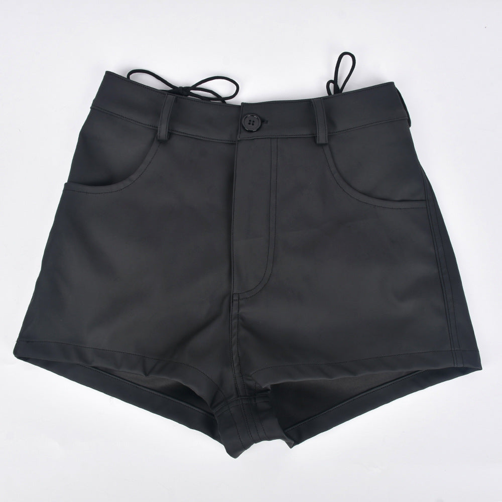 Stylish Hollow Out Tied Tight Leather Shorts