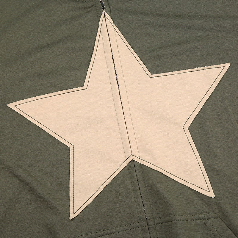 Star Patch Casual Zipper Hoodie