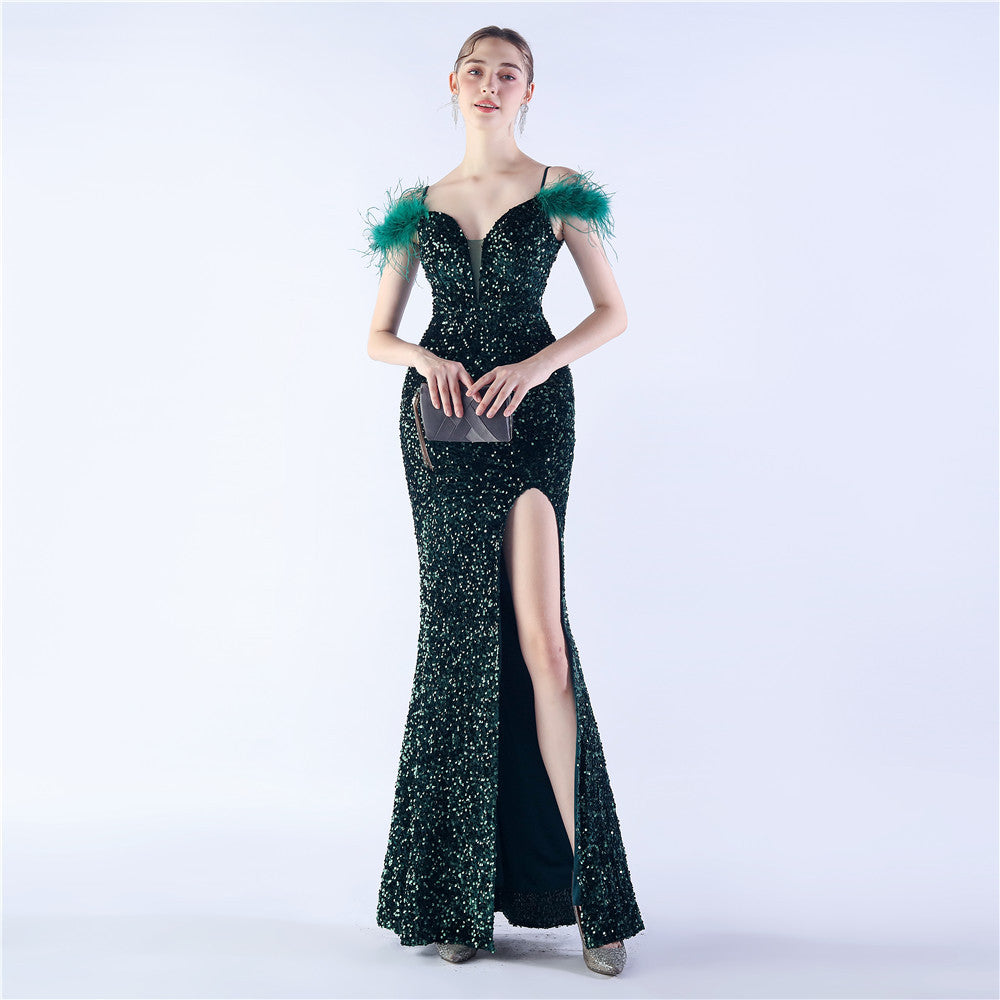 Crafted Feather High Density Sequined Long Dress