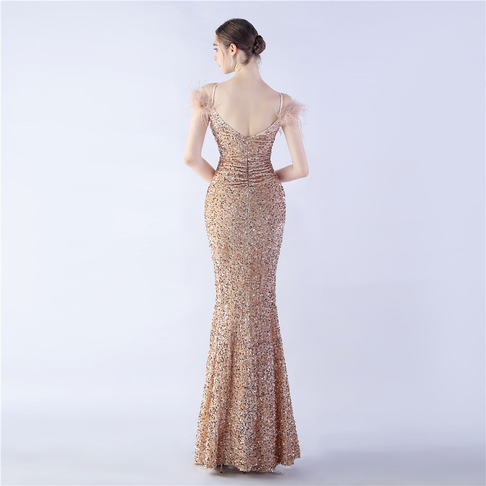 Crafted Feather High Density Sequined Long Dress