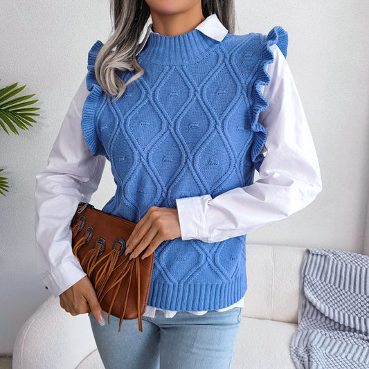 Winter Elegant Diamond Knitted Ruffle Sweater Vest