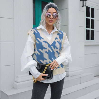 Casual Houndstooth Pattern Sweater Vest