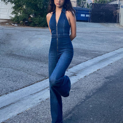 Slim Fit Sleeveless Retro Denim Jumpsuit