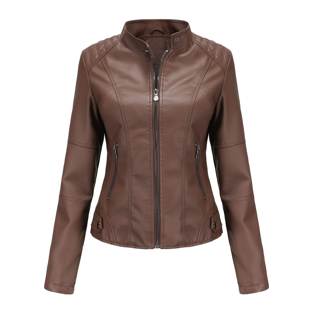 Stand Collar Zipper Leather Jacket Coat