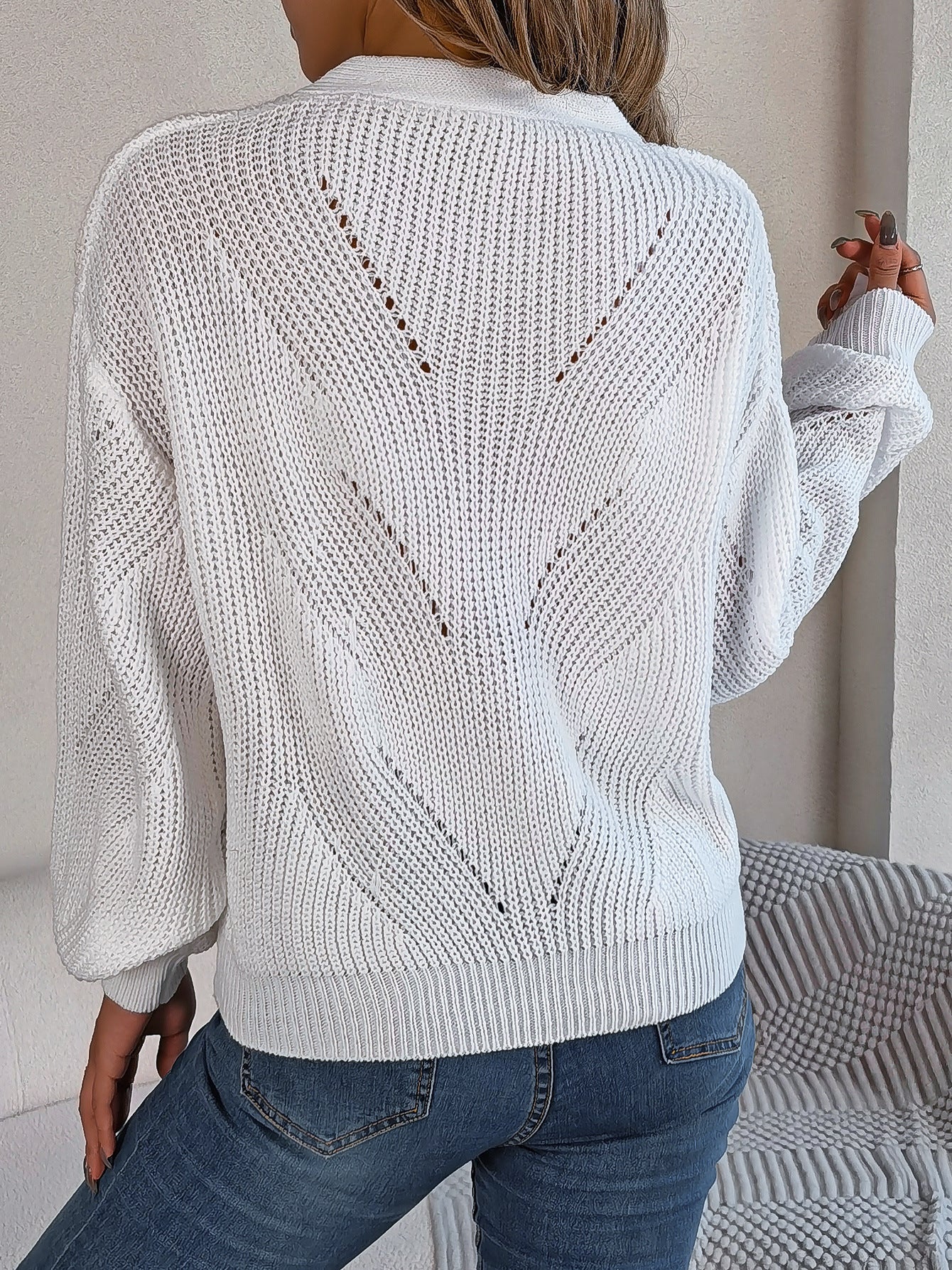 Elegant Hollow Out Buttoned Lantern Sleeve Sweater