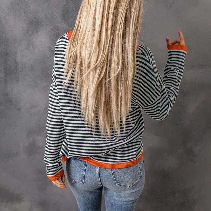 Casual Trim Striped Long Sleeve Loose Sweater