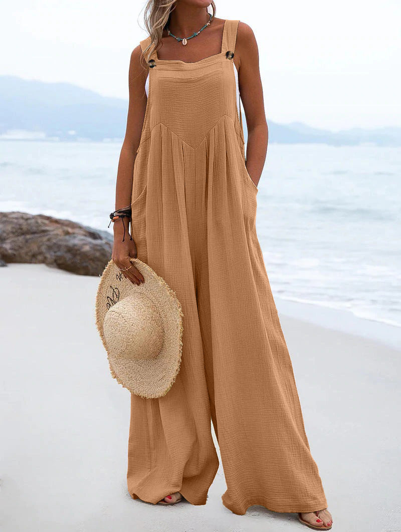 Ethnic Style Summer Solid Color Wide Leg Jumpsuit