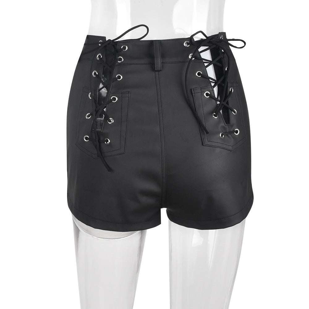 Stylish Hollow Out Tied Tight Leather Shorts