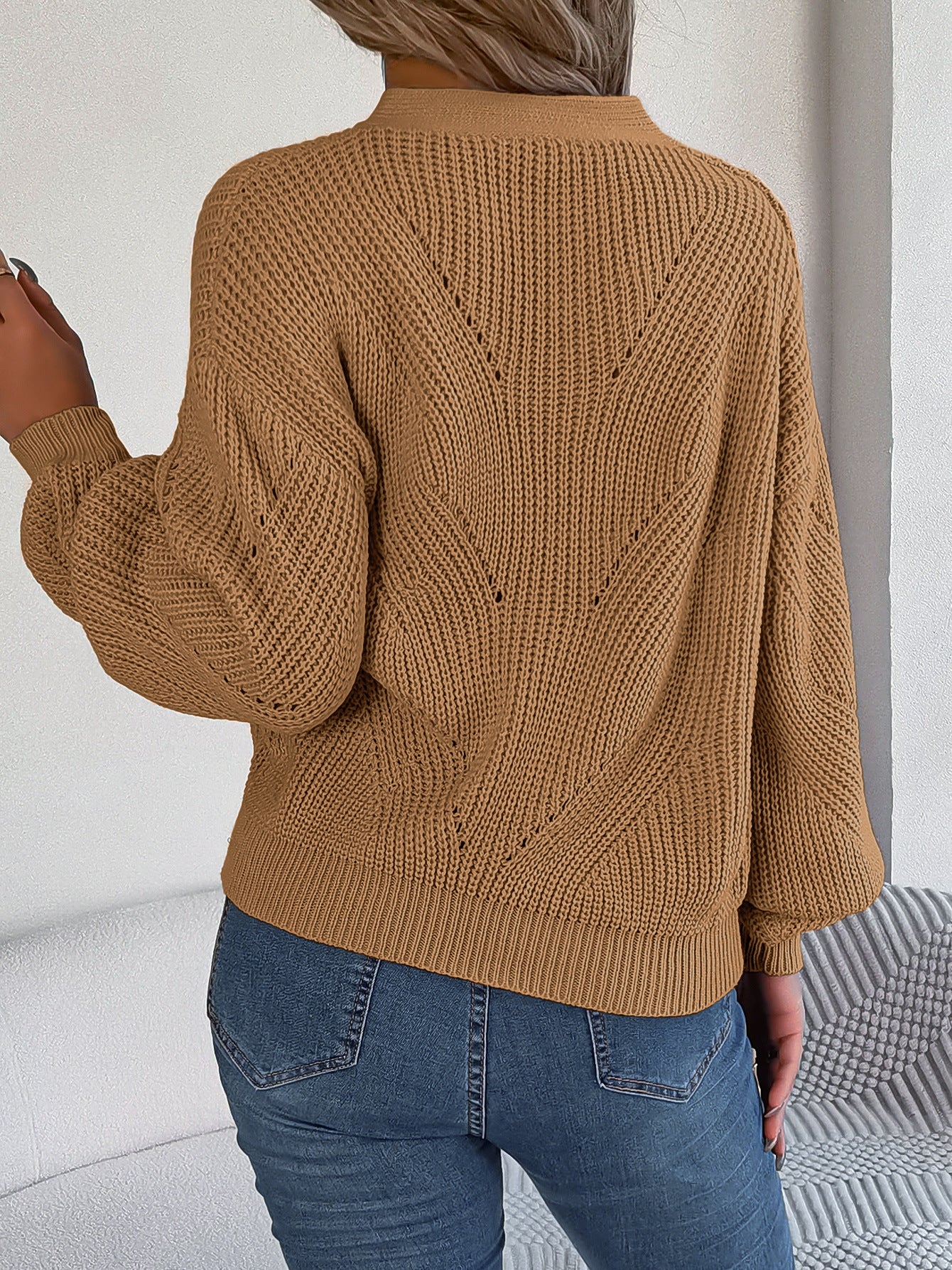 Elegant Hollow Out Buttoned Lantern Sleeve Sweater