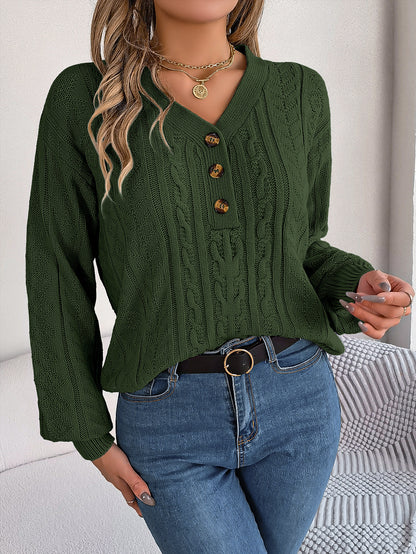 Twist Button Lantern Sleeve Pullover Sweater