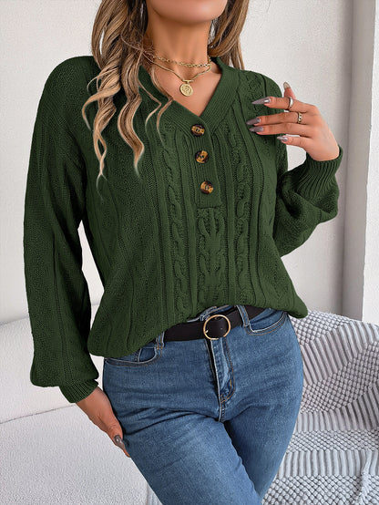 Twist Button Lantern Sleeve Pullover Sweater