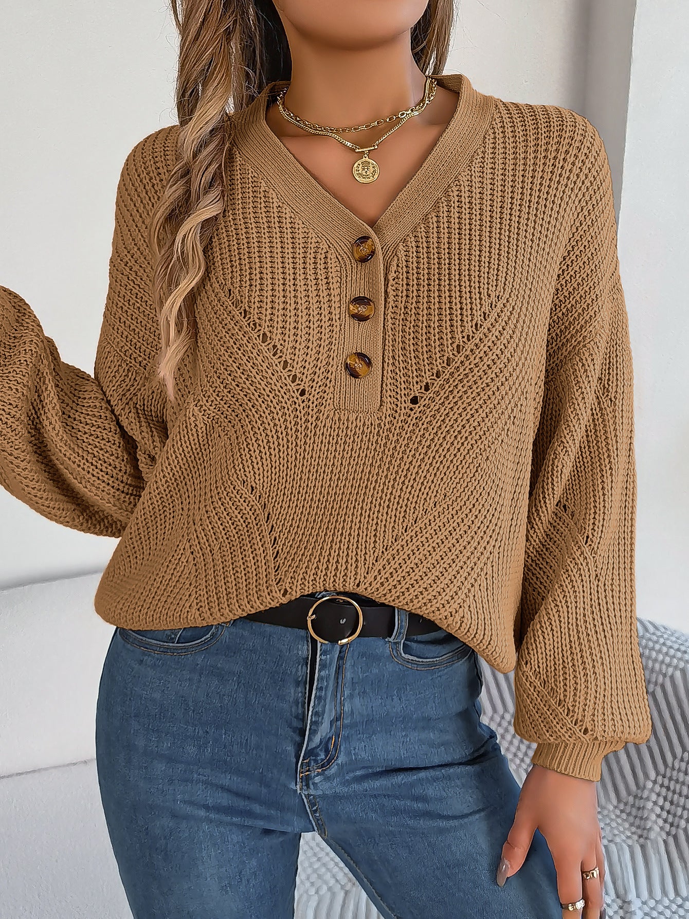 Elegant Hollow Out Buttoned Lantern Sleeve Sweater