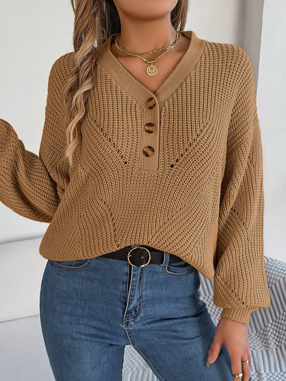 Elegant Hollow Out Buttoned Lantern Sleeve Sweater