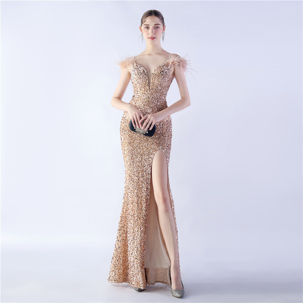 Crafted Feather High Density Sequined Long Dress