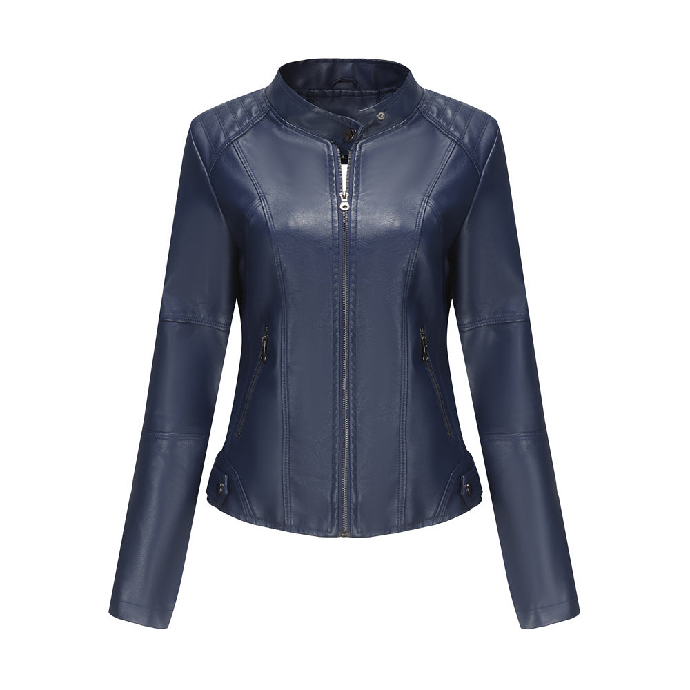 Stand Collar Zipper Leather Jacket Coat