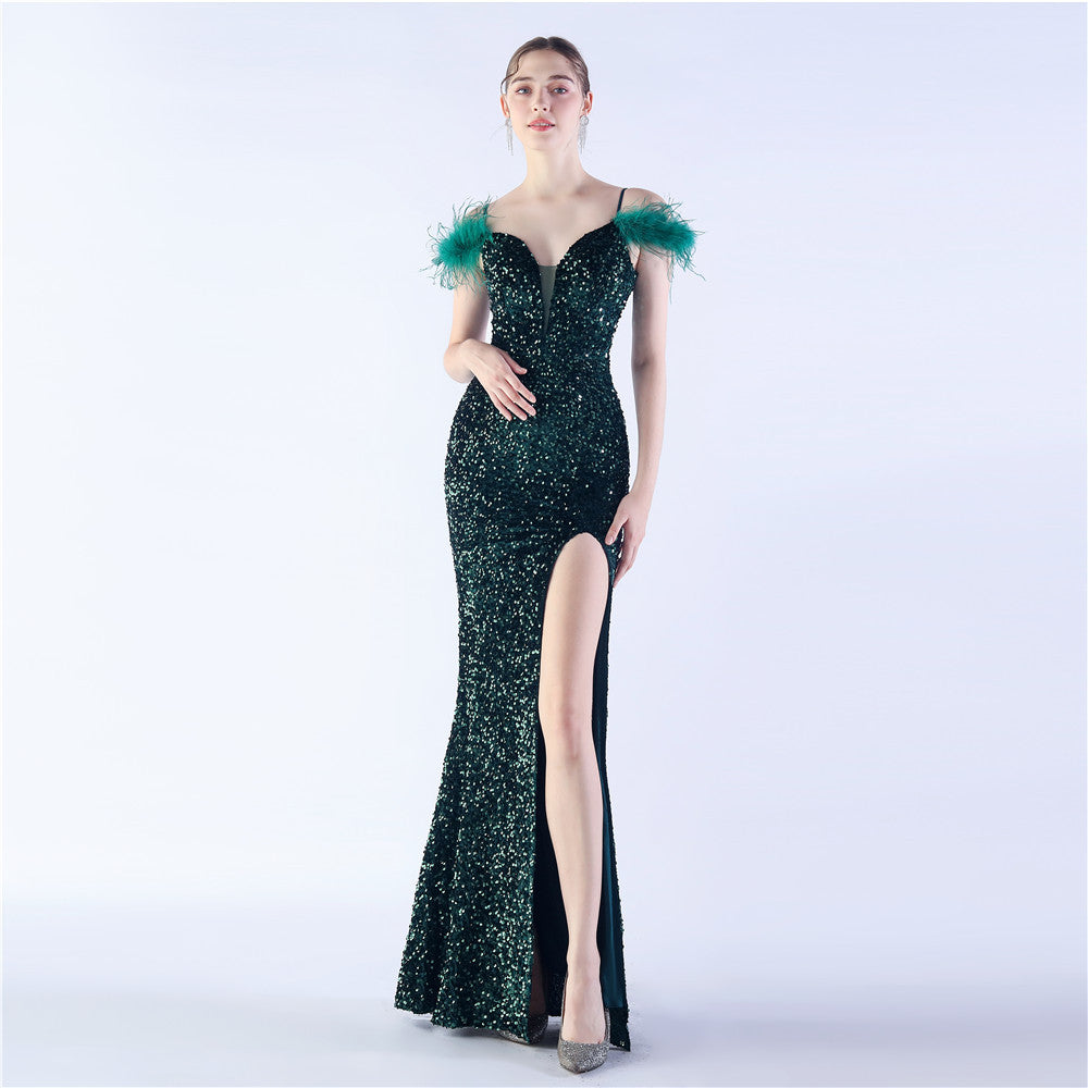 Crafted Feather High Density Sequined Long Dress