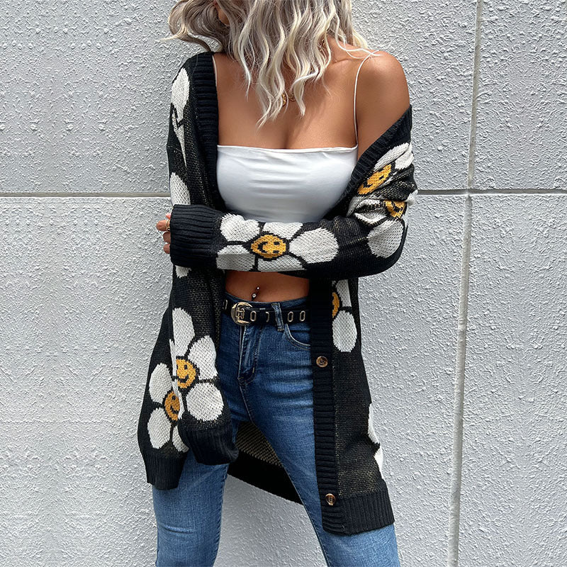 Long Sleeve Floral Printed Sweater Cardigan