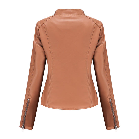 New White Stand Collar Leather Zippered Cinched And Fur Coats Winte main image 0